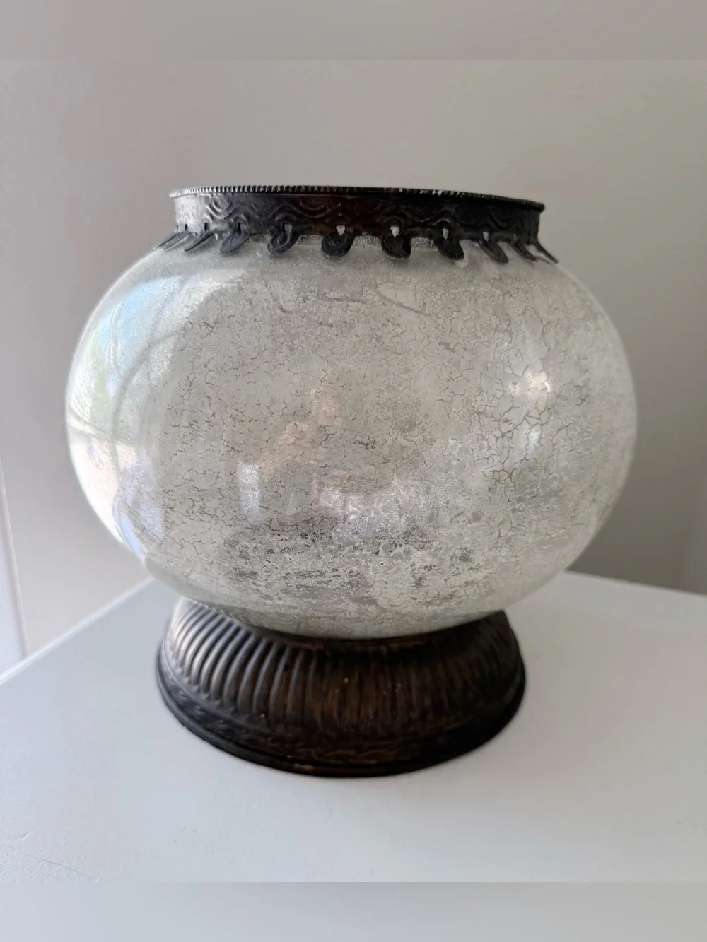 Pottery Barn | Serena Mercury Glass Large Crackle Finish Vase Metallic Rim Base